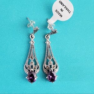 925 Sterling Silver Marcasite CZ Purple Dangle Drop Post Earrings